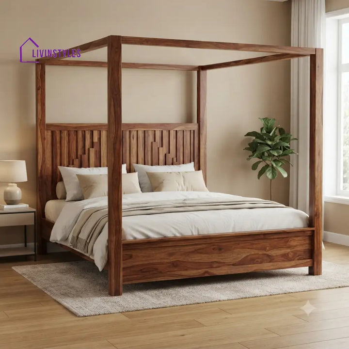 Matthew Solid Sheesham Wood Poster Bed Without Storage (King Size Honey Finish)