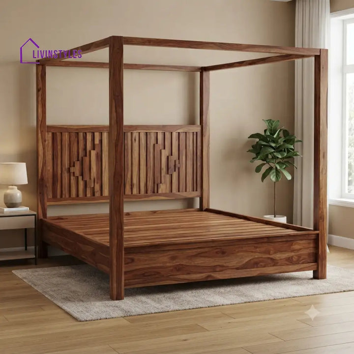Matthew Solid Sheesham Wood Poster Bed Without Storage (King Size Honey Finish)