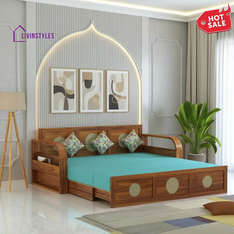 Cosmos Solid Sheesham Wood 3 Seater Sofa Cum Bed With Headboard Design - 1 Year Warranty Natural