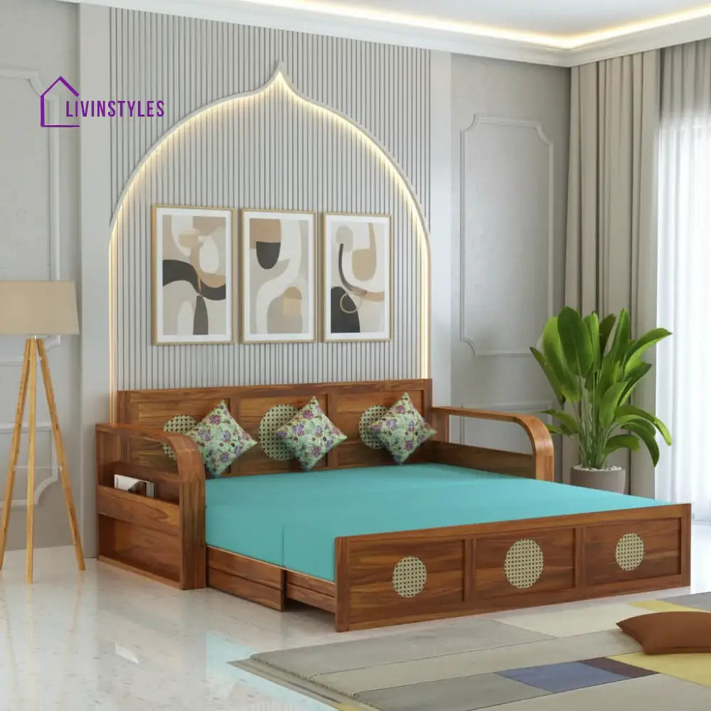 Cosmos Solid Sheesham Wood 3 Seater Sofa Cum Bed With Headboard Design - 1 Year Warranty Natural