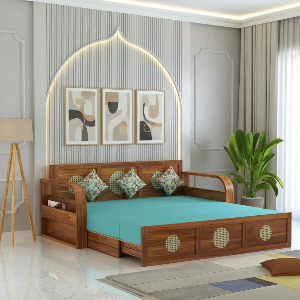 Cosmos Solid Sheesham Wood 3 Seater Sofa Cum Bed With Headboard Design - 1 Year Warranty Natural