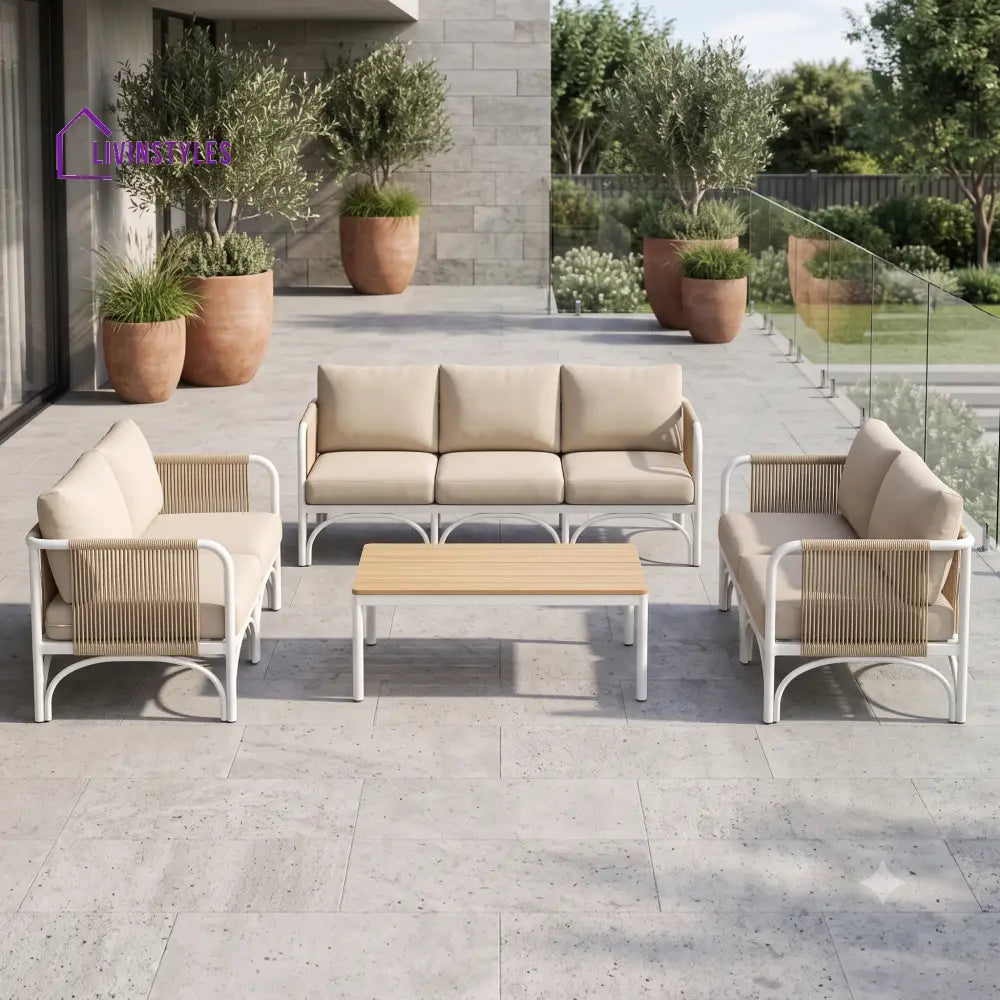 Maureen Metal Frame and Rope Weaving Outdoor Sofa Set 3 + 1 +1 and Coffee Table | Premium Uphostery
