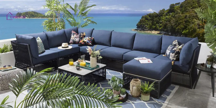 Mauricio Outdoor Sofa Set 7 Seater 1 Ottoman and 1 Center Table Set (Blue) Braided & Rope - Sofa Sets