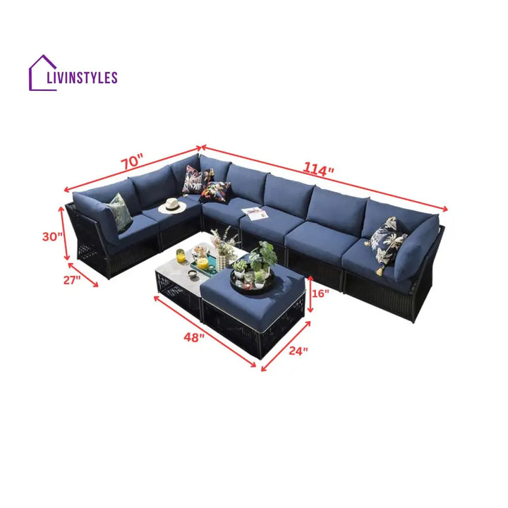 Mauricio Outdoor Sofa Set 7 Seater 1 Ottoman and 1 Center Table Set (Blue) Braided & Rope - Sofa Sets