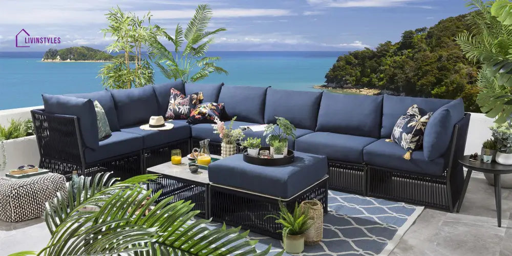 Mauricio Outdoor Sofa Set 7 Seater 1 Ottoman and 1 Center Table Set (Blue) Braided & Rope - Sofa Sets