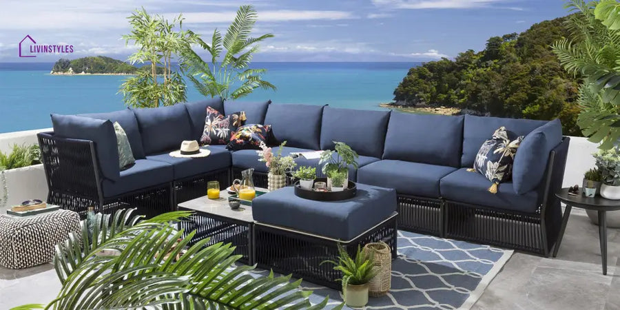 Mauricio Outdoor Sofa Set 7 Seater 1 Ottoman and 1 Center Table Set (Blue) Braided & Rope - Sofa Sets