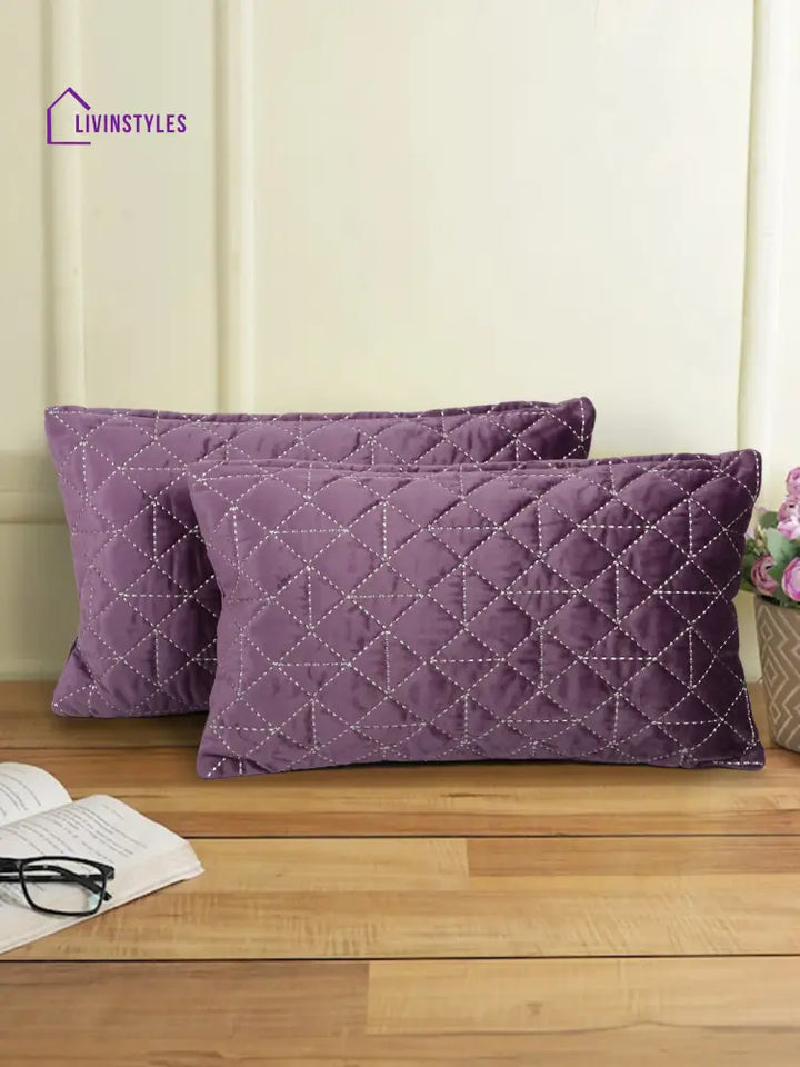 Mauve Color Set Of 2 Quilted Cushion Cover (12X20 Inch)