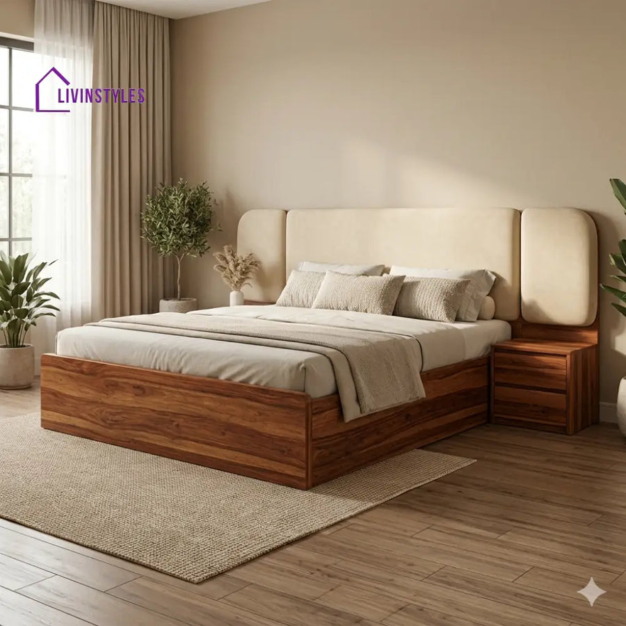 Maxim Premium Sheesham Wood Bed with Velvet Headboard