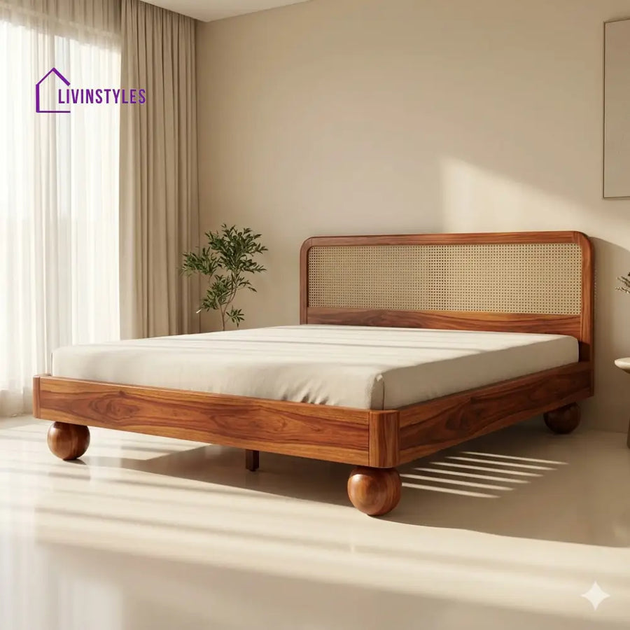 Maxim Sheesham Wood Bed with Ball Shaped Legs and Cane Weaving Headboard
