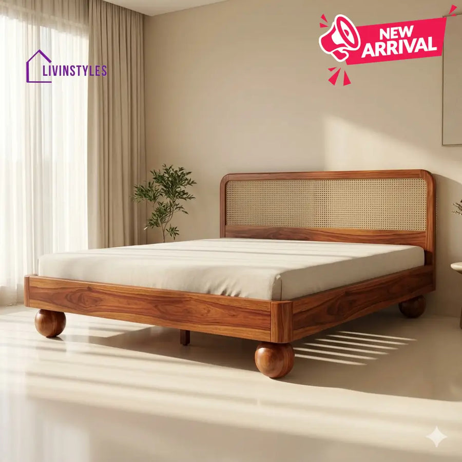 Maxim Sheesham Wood Bed with Ball Shaped Legs and Cane Weaving Headboard