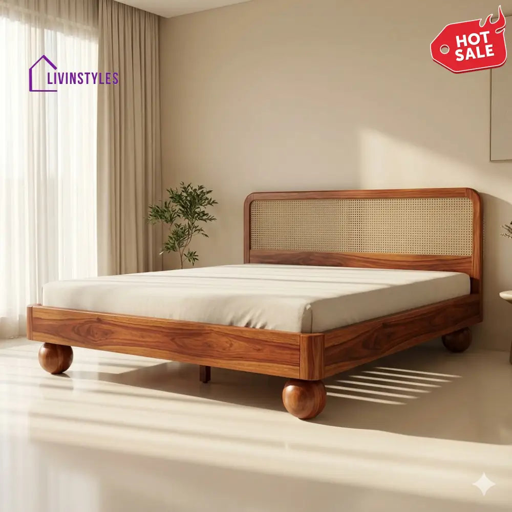 Maxim Sheesham Wood Bed with Ball Shaped Legs and Cane Weaving Headboard