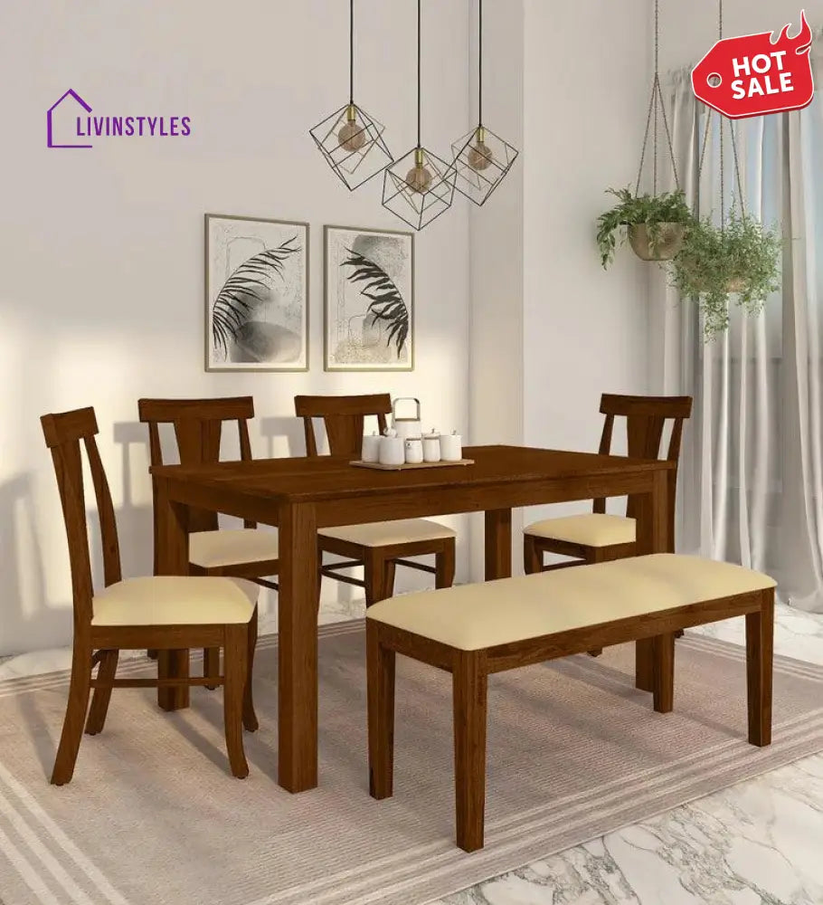 Meadow Sheesham Wood 6 Seater Dining Set With Bench Dinning Set