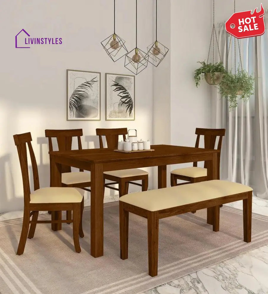 Meadow Sheesham Wood 6 Seater Dining Set With Bench Dinning Set
