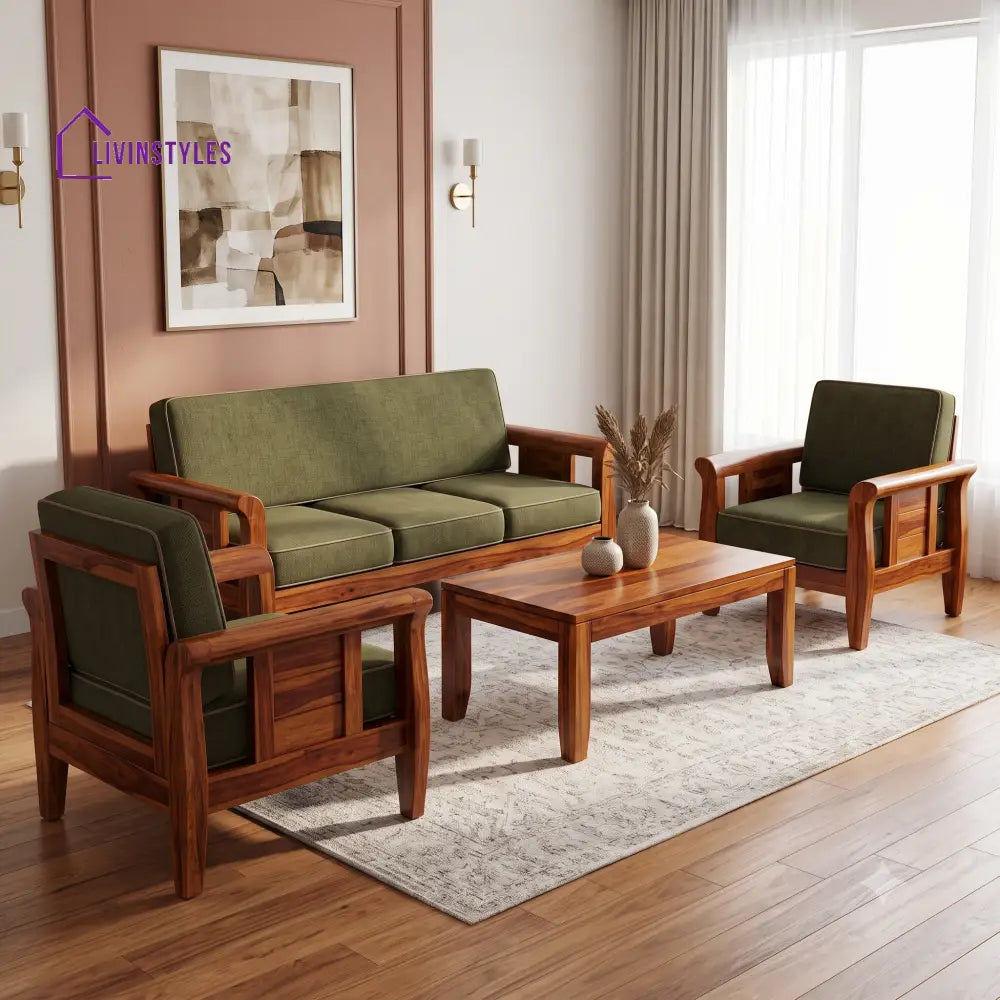Meenakshi Wooden Sofa Set | 3 + 1 + 1 Sheesham Wood Sofa Set for Living Room