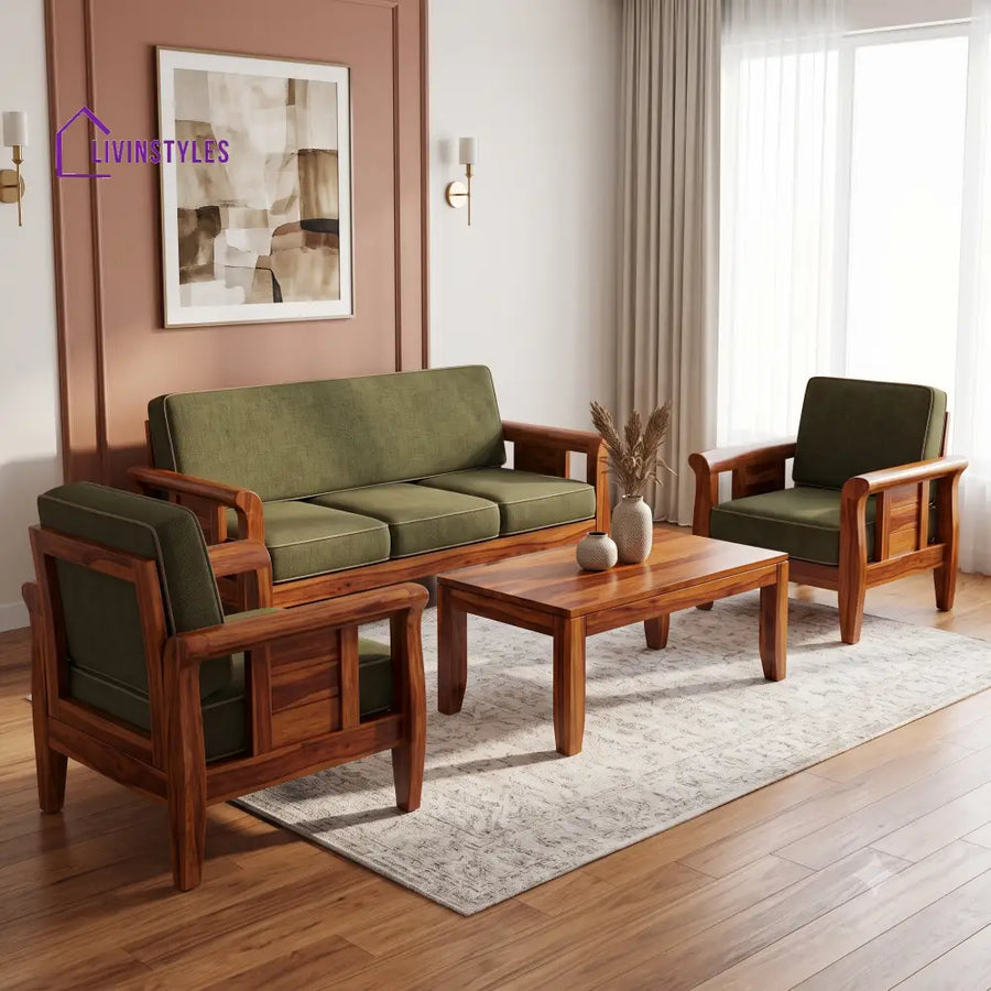 Meenakshi Wooden Sofa Set | 3 + 1 + 1 Sheesham Wood Sofa Set for Living Room