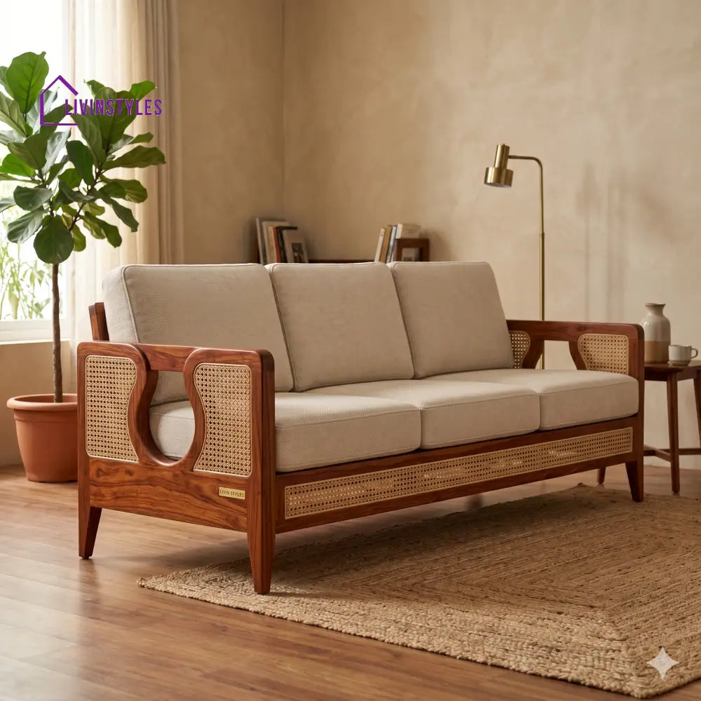 Meera Sheesham Wood and Cane Sofa for Living Room