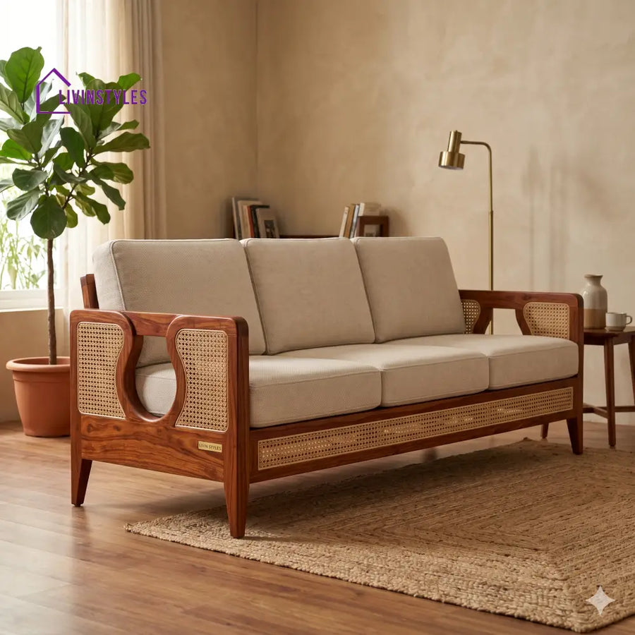Meera Sheesham Wood and Cane Sofa for Living Room