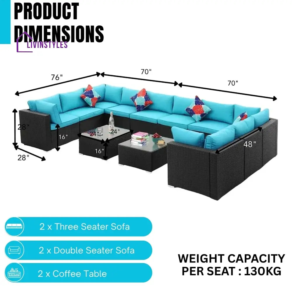Meili 6-Piece Outdoor Wicker Sofa Set (Black/Sky-Blue) - Sofa Set