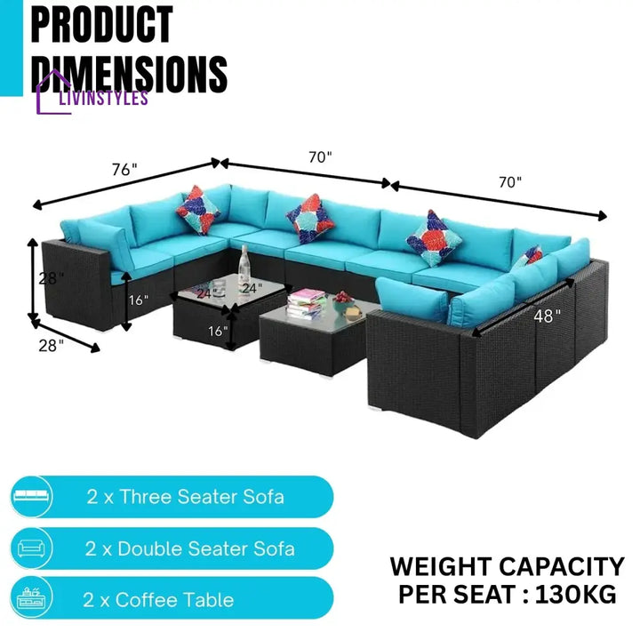 Meili 6-Piece Outdoor Wicker Sofa Set (Black/Sky-Blue) - Sofa Set