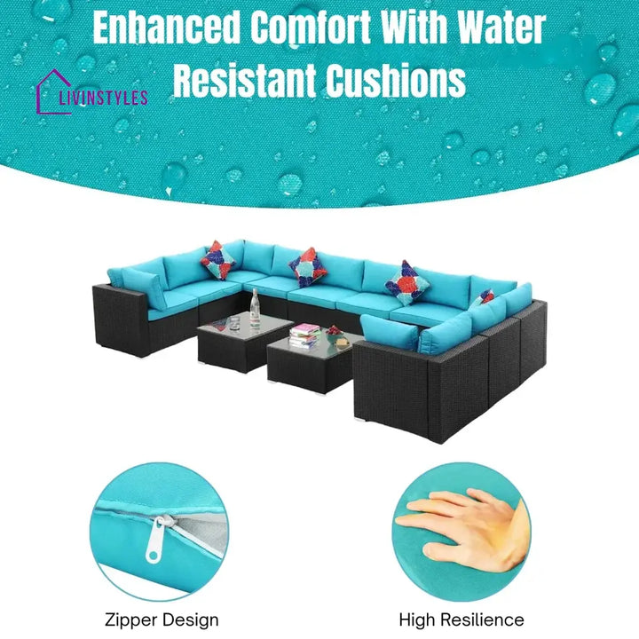 Meili 6-Piece Outdoor Wicker Sofa Set (Black/Sky-Blue) - Sofa Set