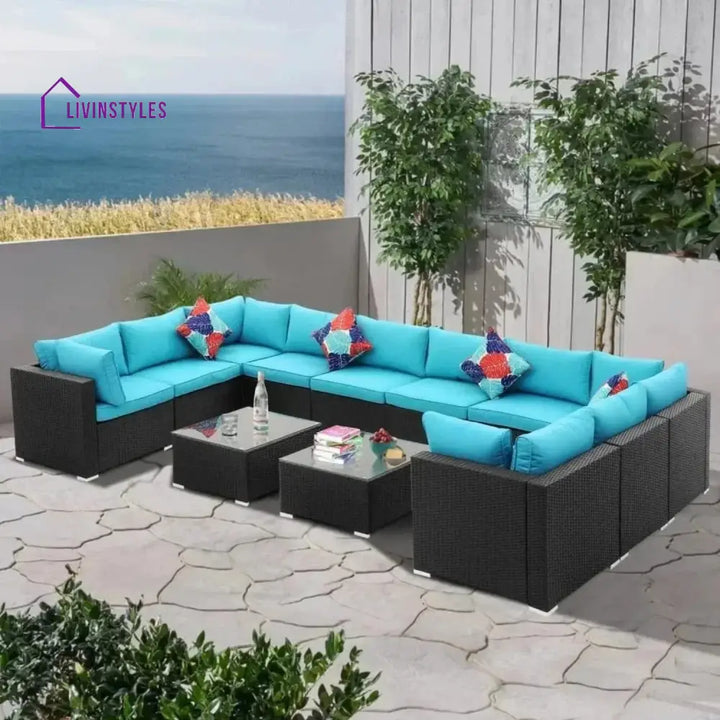 Meili 6-Piece Outdoor Wicker Sofa Set (Black/Sky-Blue) - Sofa Set