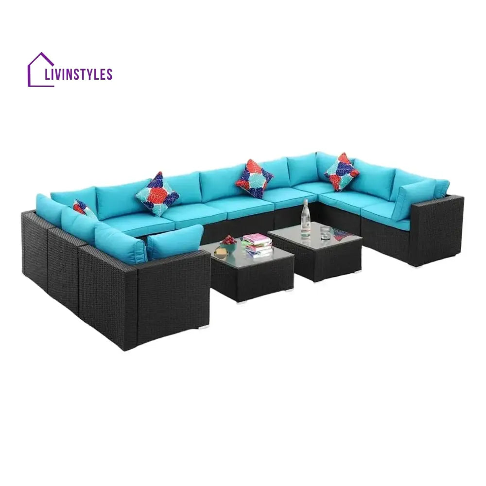 Meili 6-Piece Outdoor Wicker Sofa Set (Black/Sky-Blue) - Sofa Set