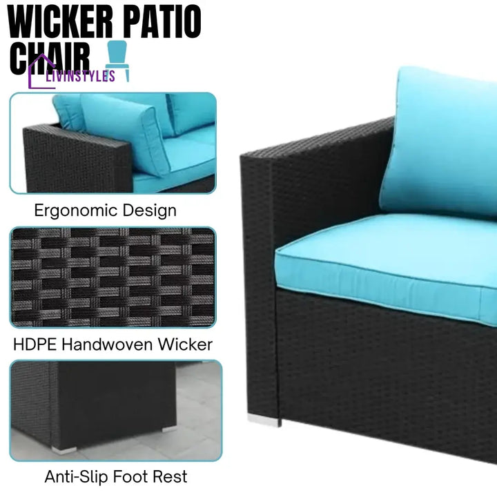 Meili 6-Piece Outdoor Wicker Sofa Set (Black/Sky-Blue) - Sofa Set