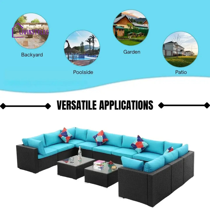 Meili 6-Piece Outdoor Wicker Sofa Set (Black/Sky-Blue) - Sofa Set