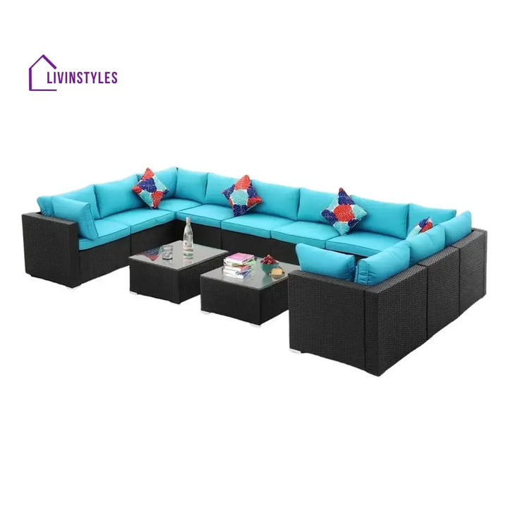 Meili 6-Piece Outdoor Wicker Sofa Set (Black/Sky-Blue) - Sofa Set