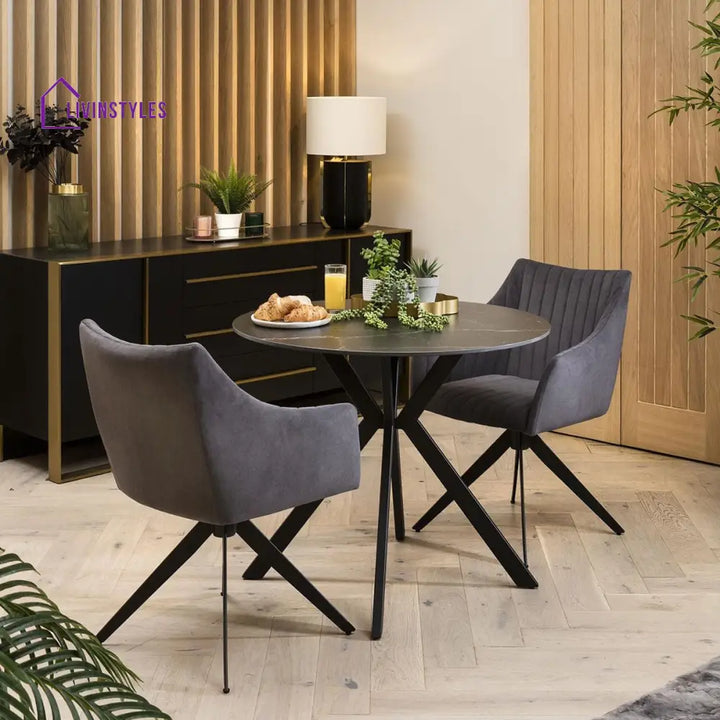 Melania 2 Person Round Dining Table And Chairs - Black Ceramic Marble - Grey Chairs Dining Room / Dining Sets