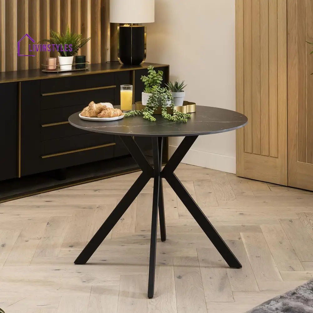 Melania 2 Person Round Dining Table And Chairs - Black Ceramic Marble - Grey Chairs Dining Room / Dining Sets