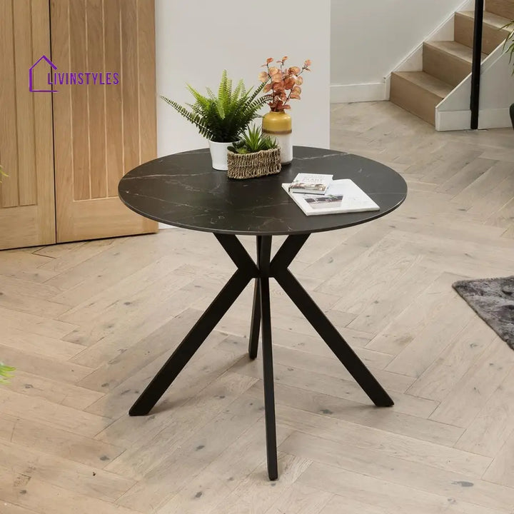 Melania 2 Person Round Dining Table And Chairs - Black Ceramic Marble - Grey Chairs Dining Room / Dining Sets