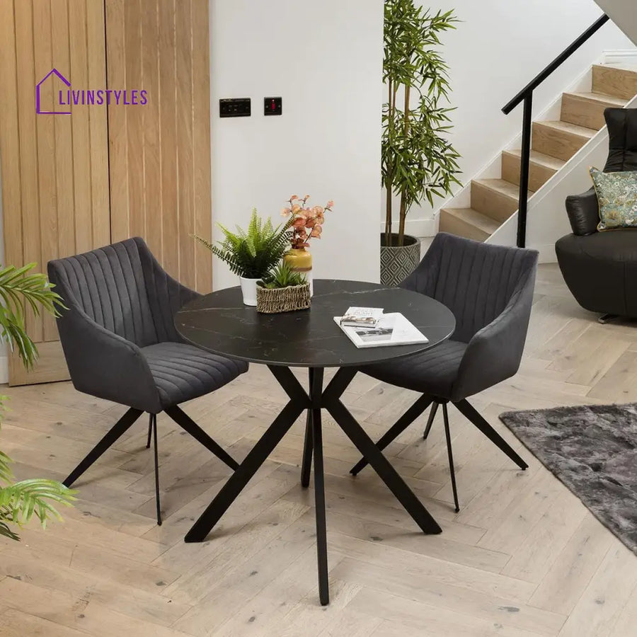 Melania 2 Person Round Dining Table And Chairs - Black Ceramic Marble - Grey Chairs Dining Room / Dining Sets