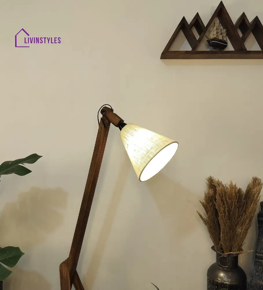 Melman Wooden Floor Lamp With Brown Base And Beige Fabric Lampshade Lamps