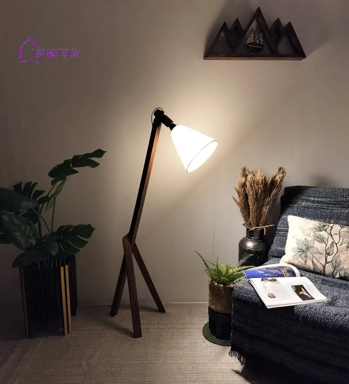 Melman Wooden Floor Lamp With Brown Base And Beige Fabric Lampshade Lamps