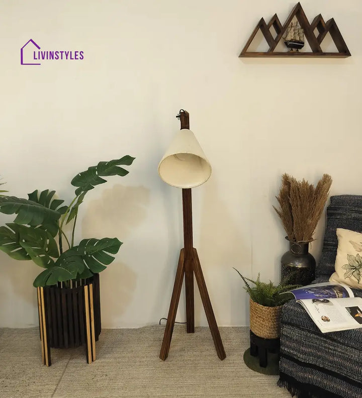 Melman Wooden Floor Lamp With Brown Base And Beige Fabric Lampshade Lamps