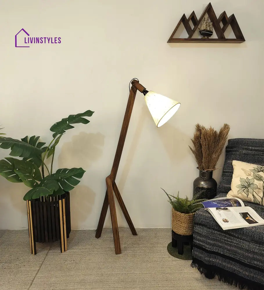 Melman Wooden Floor Lamp With Brown Base And Beige Fabric Lampshade Lamps