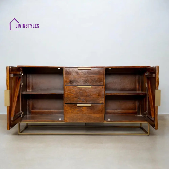 Memento Solid Mango Wood Sideboard in Dark Brown with Golden Frame and 3 Drawers 150 cm