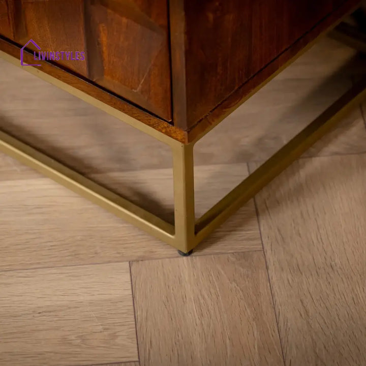 Memento Solid Mango Wood Sideboard in Dark Brown with Golden Frame and 3 Drawers 150 cm