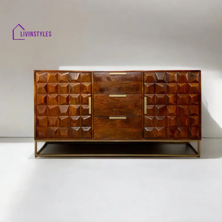 Memento Solid Mango Wood Sideboard in Dark Brown with Golden Frame and 3 Drawers 150 cm