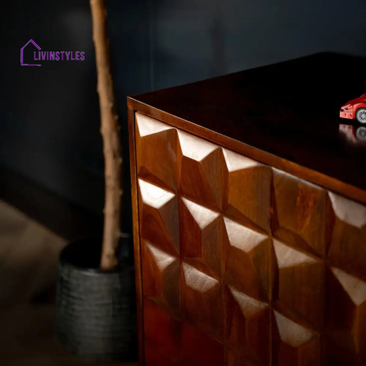 Memento Solid Mango Wood Sideboard in Dark Brown with Golden Frame and 3 Drawers 150 cm