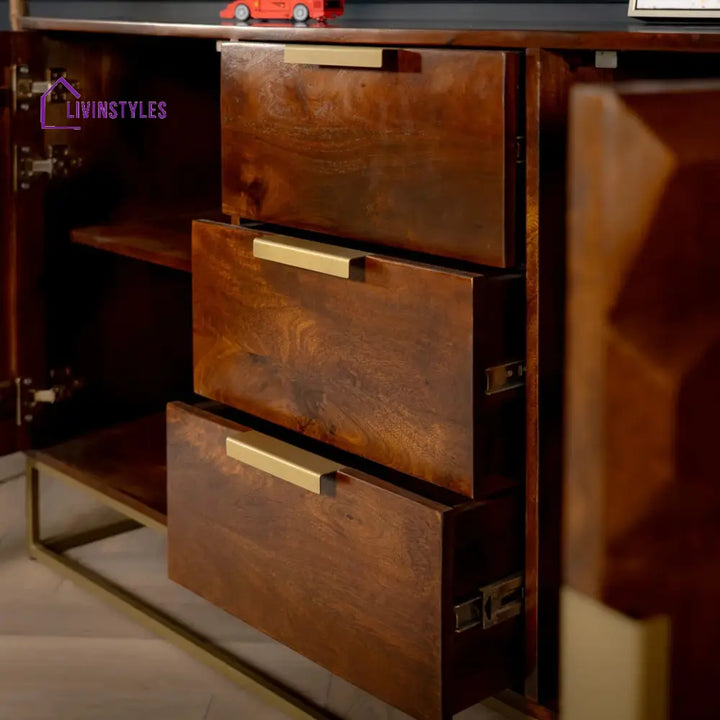 Memento Solid Mango Wood Sideboard in Dark Brown with Golden Frame and 3 Drawers 150 cm