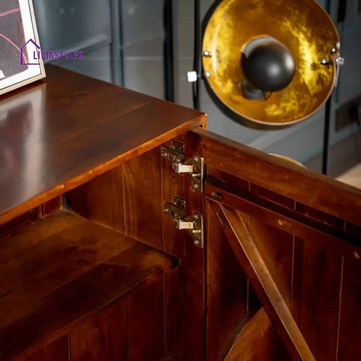 Memento Solid Mango Wood Sideboard in Dark Brown with Golden Frame and 3 Drawers 150 cm