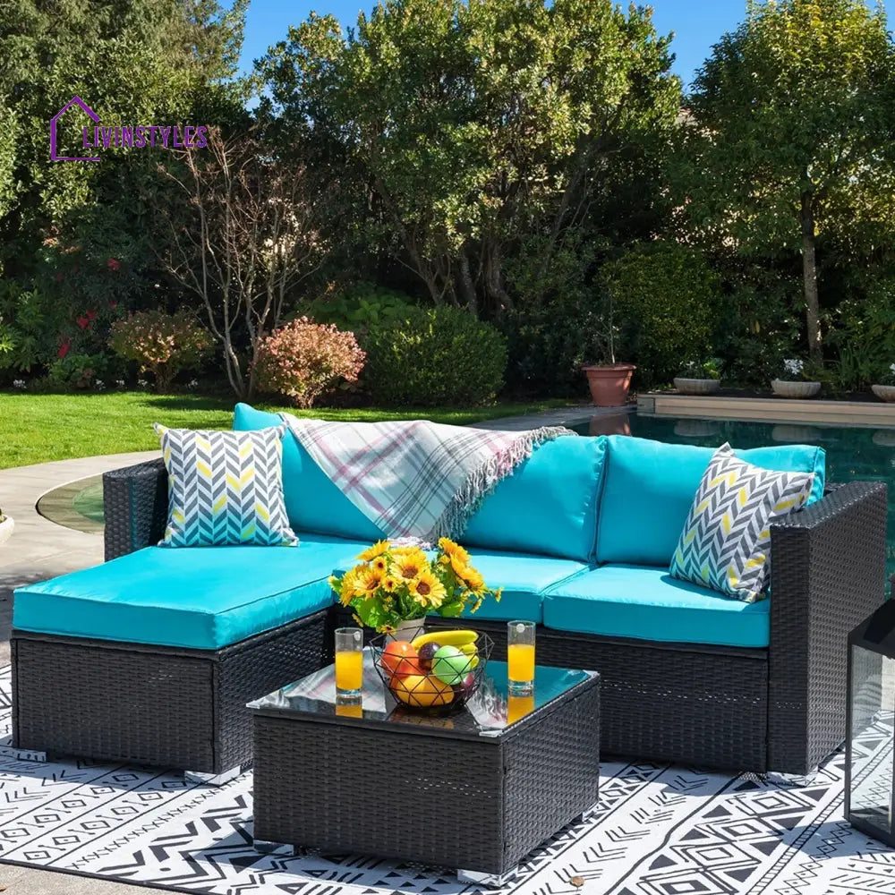 Ment Outdoor Sofa Set 4 Seater and 1 Center Table Set (Black) - Aqua Blue - Sofa Sets