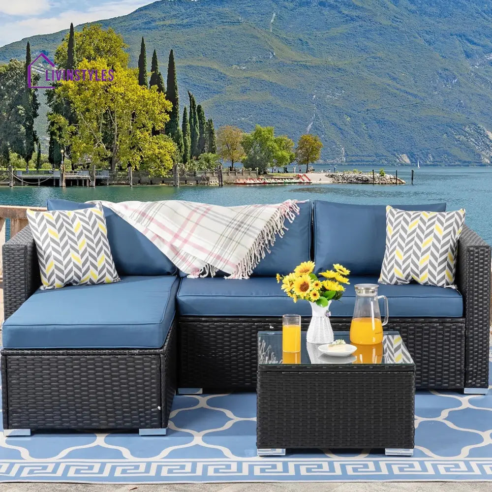 Ment Outdoor Sofa Set 4 Seater and 1 Center Table Set (Black) - Blue - Sofa Sets