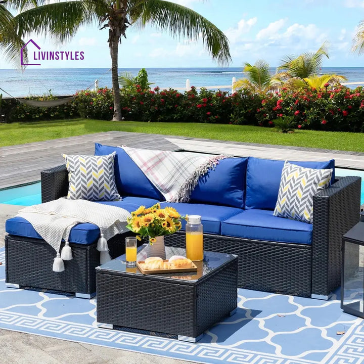 Ment Outdoor Sofa Set 4 Seater and 1 Center Table Set (Black) - Navy Blue - Sofa Sets