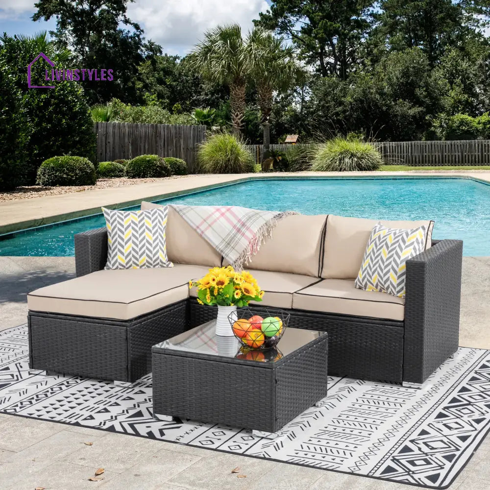Ment Outdoor Sofa Set 4 Seater and 1 Center Table Set (Black) - Off White - Sofa Sets