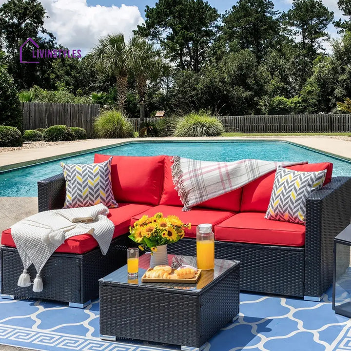 Ment Outdoor Sofa Set 4 Seater and 1 Center Table Set (Black) - Red - Sofa Sets