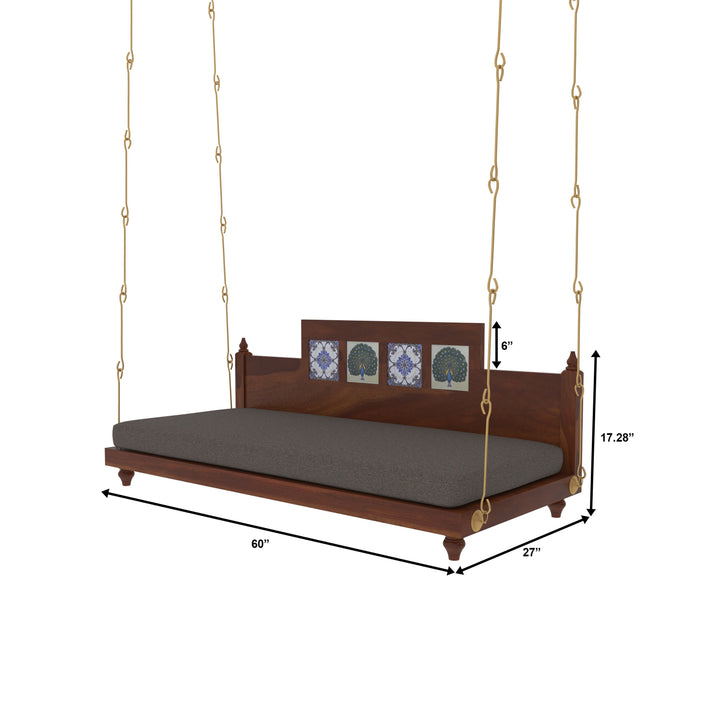 Krisha Artistic Wooden Swing with Hand-Painted Peacock Tiles – Balcony Jhula with Cushioned Seating