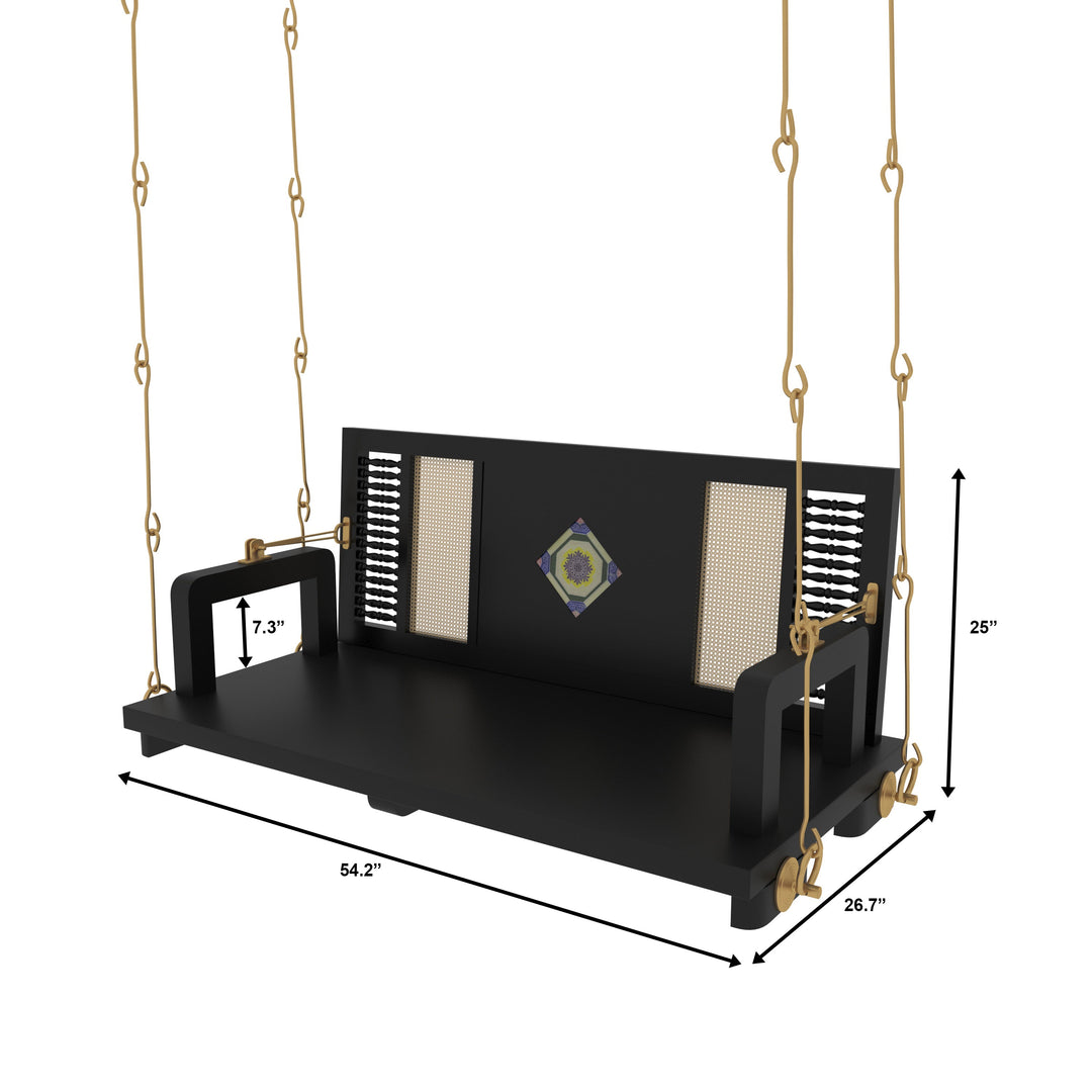 Ayana Contemporary Black Wooden Swing with Artistic Tile Inlay and Woven Panels – Indoor Jhula for Modern Homes